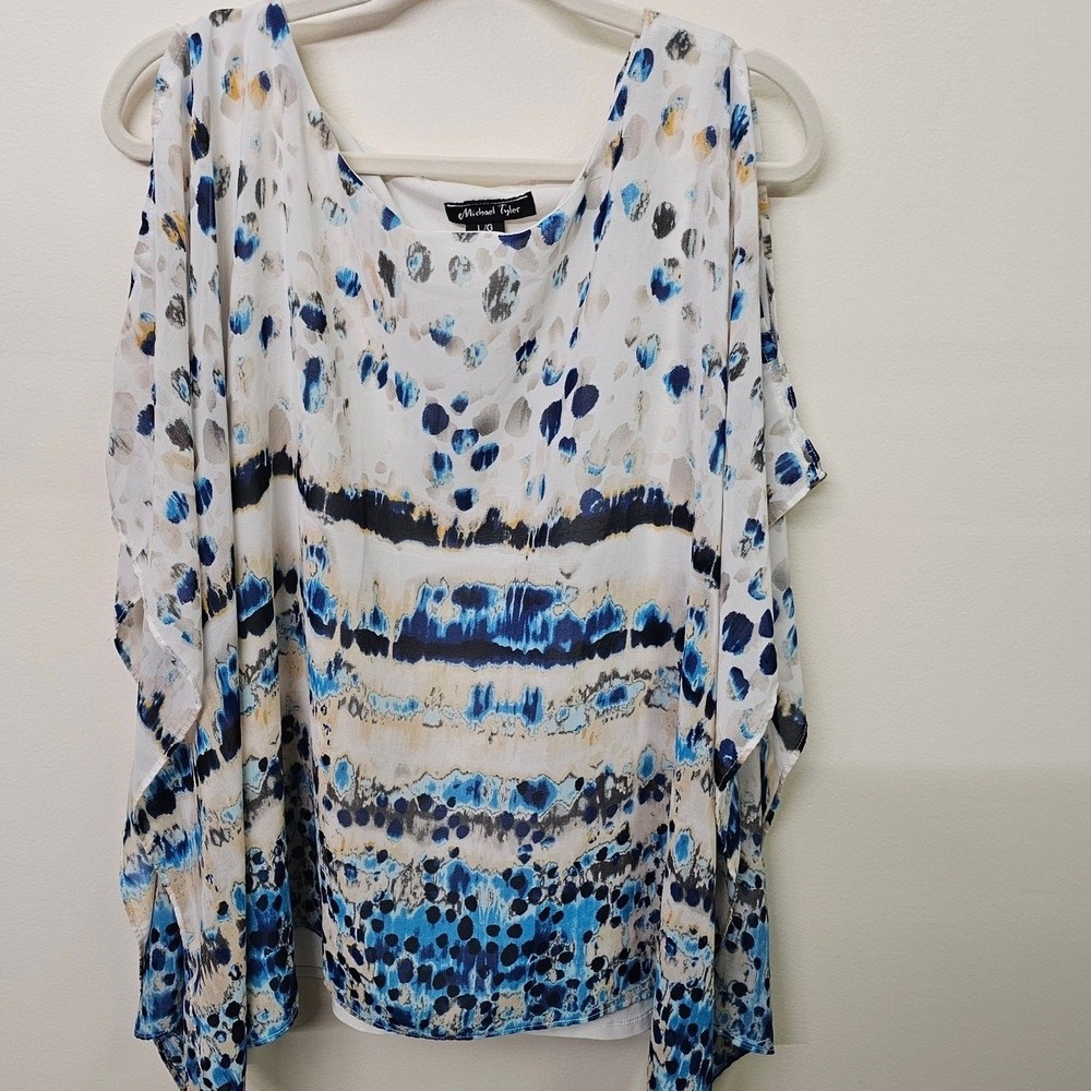 Michael Tyler Cold Shoulder Blouse Blue White
 Cape Sleeve Built-in Tank SZ L